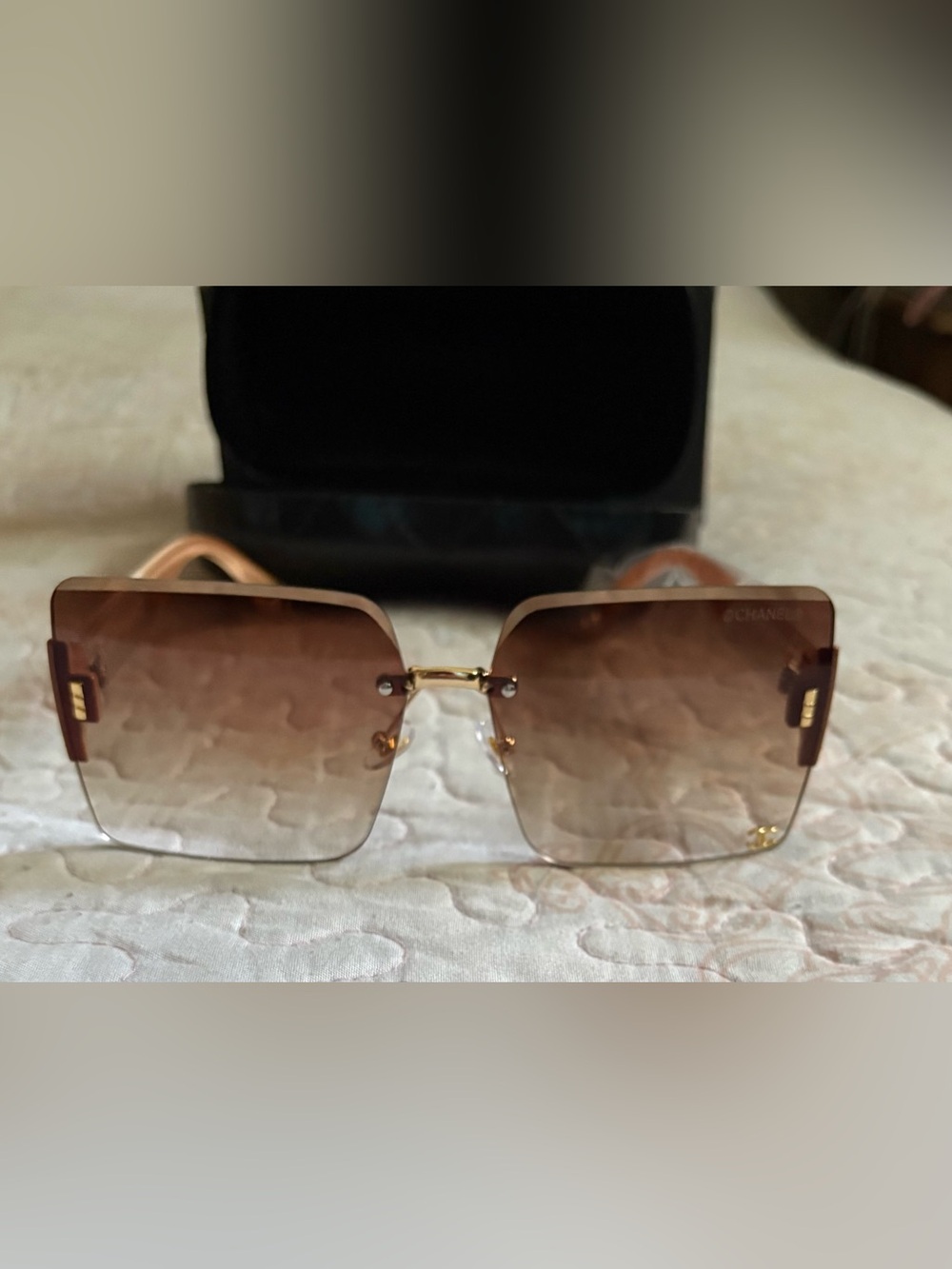 Designer Style Rimless Gradient Brown Women's Sunglasses with Gold Bridge
